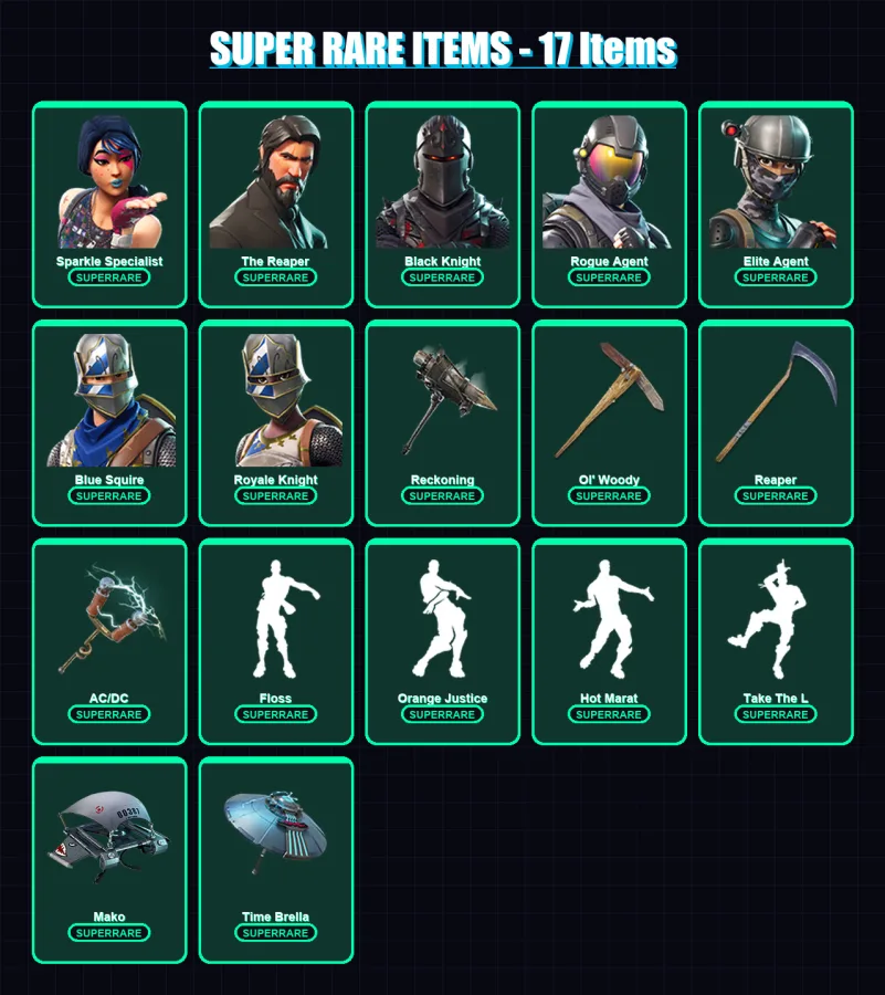 [PC/PSN] | Sparkle Specialist | The Reaper | Black Knight | Rogue Agent | Elite Agent | 124 skin | 120 pickaxe | 114 emote | 108 glider | Lv1398