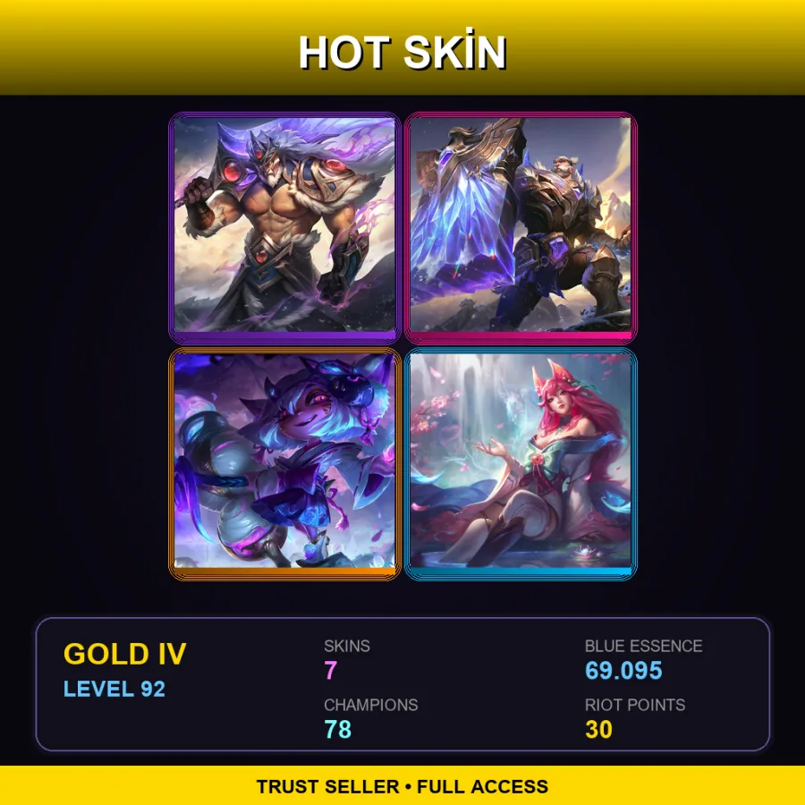 TR | Victorious Tryndamere | Victorious Braum | Spirit Blossom Tristana | Spirit Blossom Ahri | 7 Skin | 78 Champ | Gold IV | Lv92
