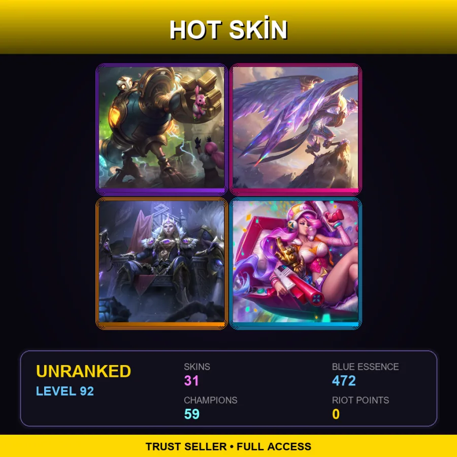 LAS | Lv92 | Unranked | 31 Skin | 59 Champ — LoL account