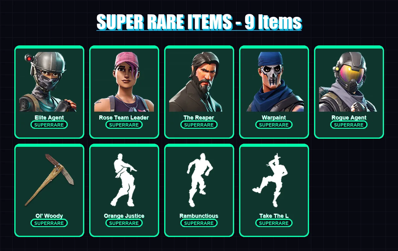 [PC/XBOX/PSN] | Elite Agent | Rose Team Leader | The Reaper | Warpaint | Rogue Agent | 46 skin | 22 pickaxe | 37 emote | 19 glider | Lv224
