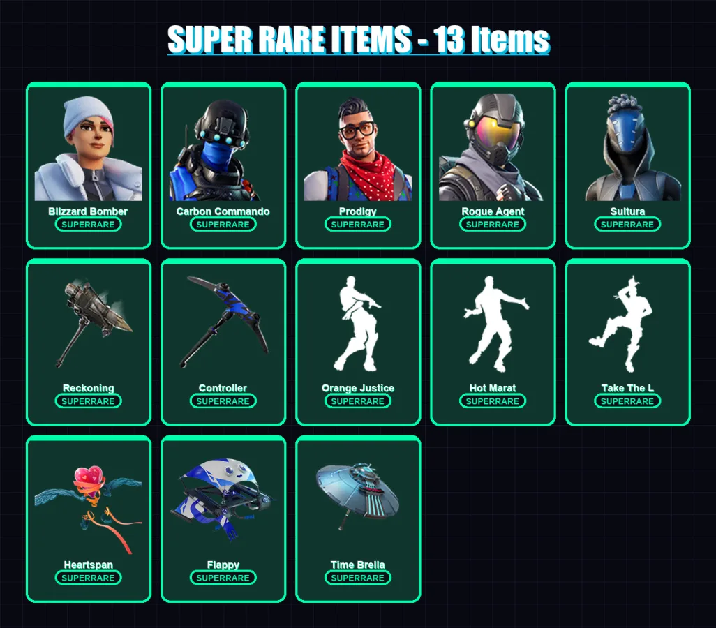 [PS4/PS5/XBOX/PC] | Blizzard Bomber | Carbon Commando | Prodigy | Rogue Agent | Sultura | 92 skin | 103 pickaxe | 99 emote | 93 glider | Lv1224