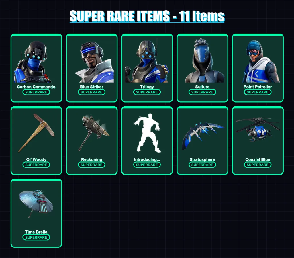 [PS4/PS5/XBOX/PC] | Carbon Commando | Blue Striker | Trilogy | Sultura | Point Patroller | 105 skin | 106 pickaxe | 105 emote | 104 glider | Lv1514