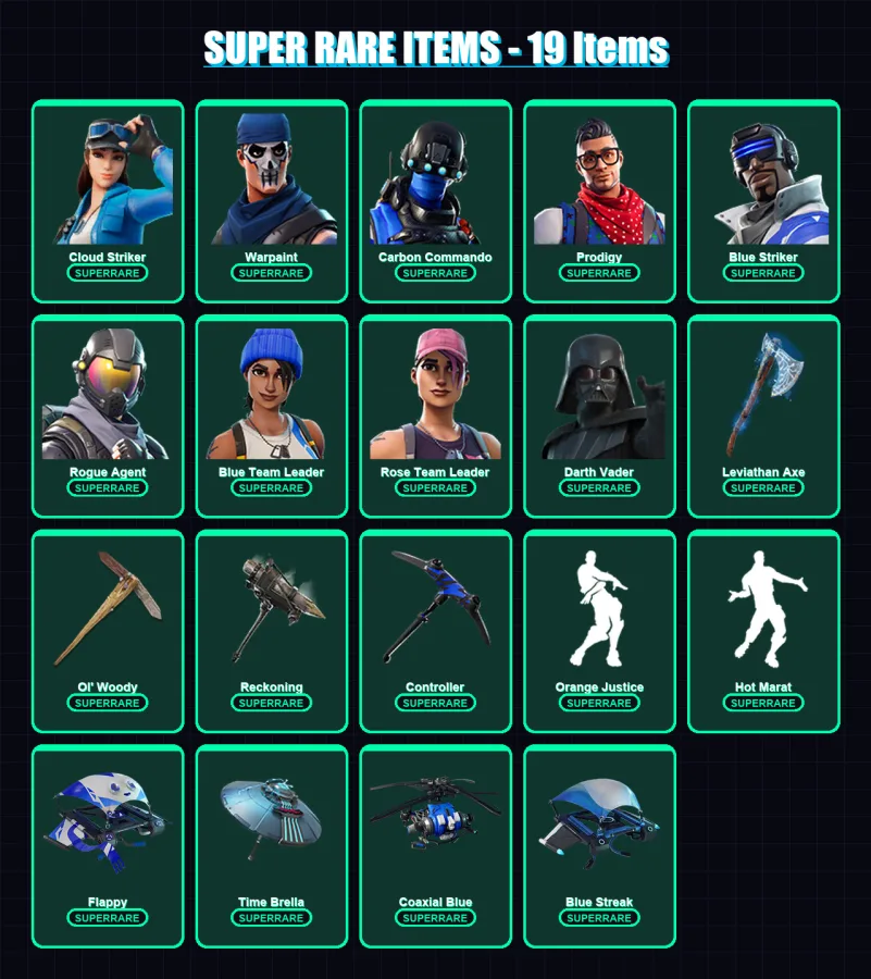 [PC/XBOX] | Cloud Striker | Warpaint | Carbon Commando | Prodigy | Blue Striker | 274 skin | 291 pickaxe | 243 emote | 258 glider | Lv4512 — Fortnite account
