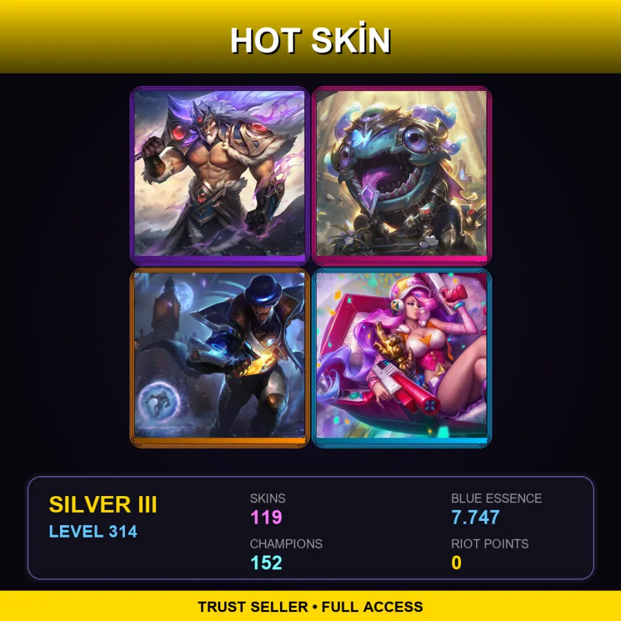 ME | Victorious Tryndamere | Victorious Kog'Maw | Pulsefire Twisted Fate | Arcade Miss Fortune | 119 Skin | 152 Champ | Silver III | Lv314