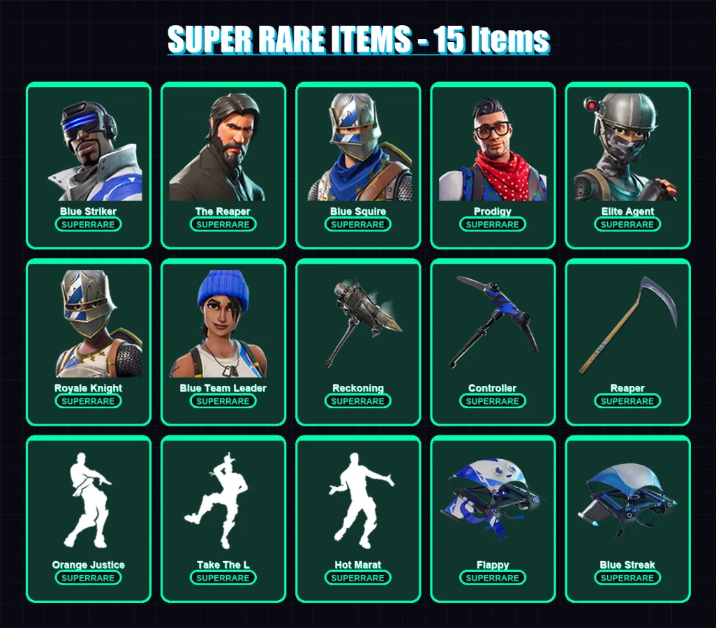 [PS4/PS5/XBOX/PC] | Blue Striker | The Reaper | Blue Squire | Prodigy | Elite Agent | 50 skin | 37 pickaxe | 45 emote | 37 glider | Lv540
