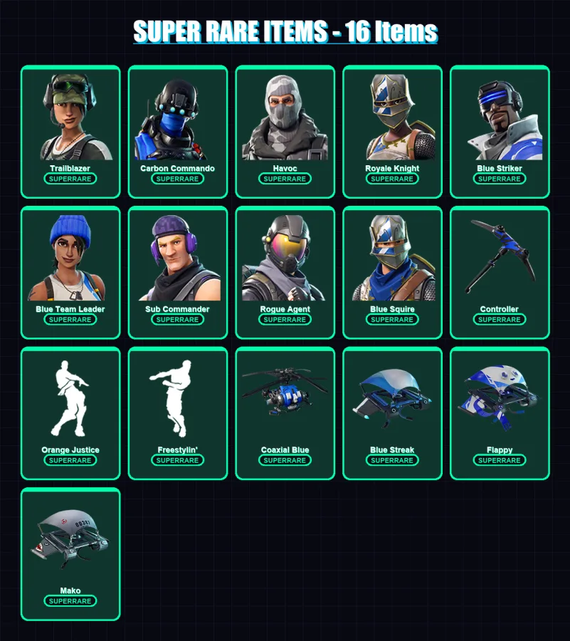 [PS4/PS5/XBOX/PC] | Trailblazer | Carbon Commando | Havoc | Royale Knight | Blue Striker | 25 skin | 23 pickaxe | 24 emote | 31 glider | Lv472
