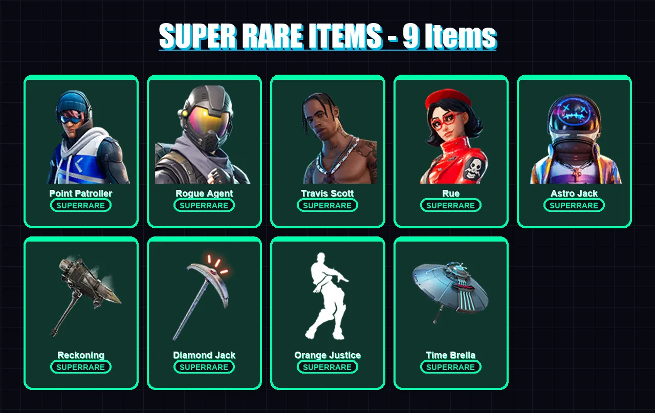 [PS4/PS5/XBOX/PC] | Point Patroller | Rogue Agent | Travis Scott | Rue | Astro Jack | 168 skin | 141 pickaxe | 109 emote | 109 glider | Lv1388