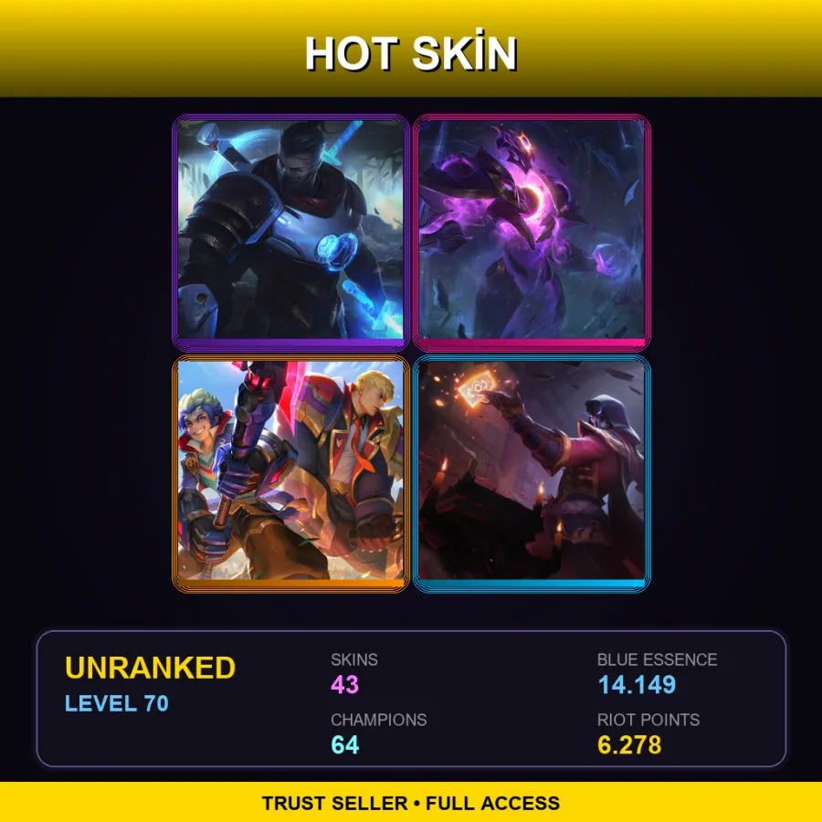 BR | Pulsefire Shen | Dark Star Xerath | Battle Academia Garen | Blood Moon Twisted Fate | 43 Skin | 64 Champ | Lv70
