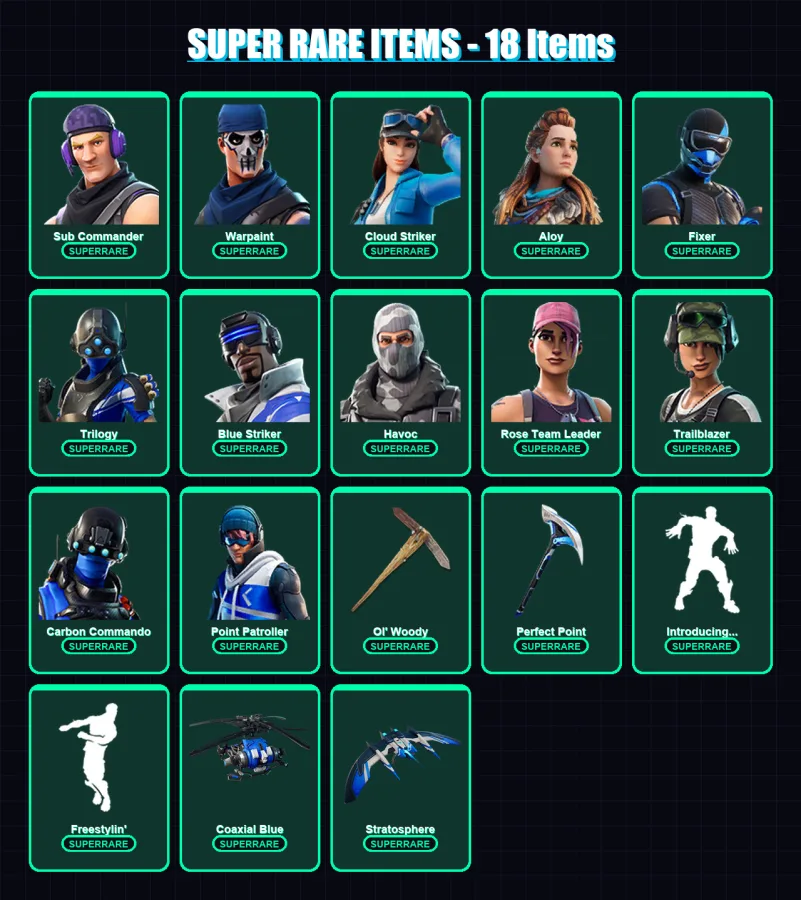 [PC/XBOX/PSN] | Sub Commander | Warpaint | Cloud Striker | Aloy | Fixer | 158 skin | 164 pickaxe | 83 emote | 115 glider | Lv1907