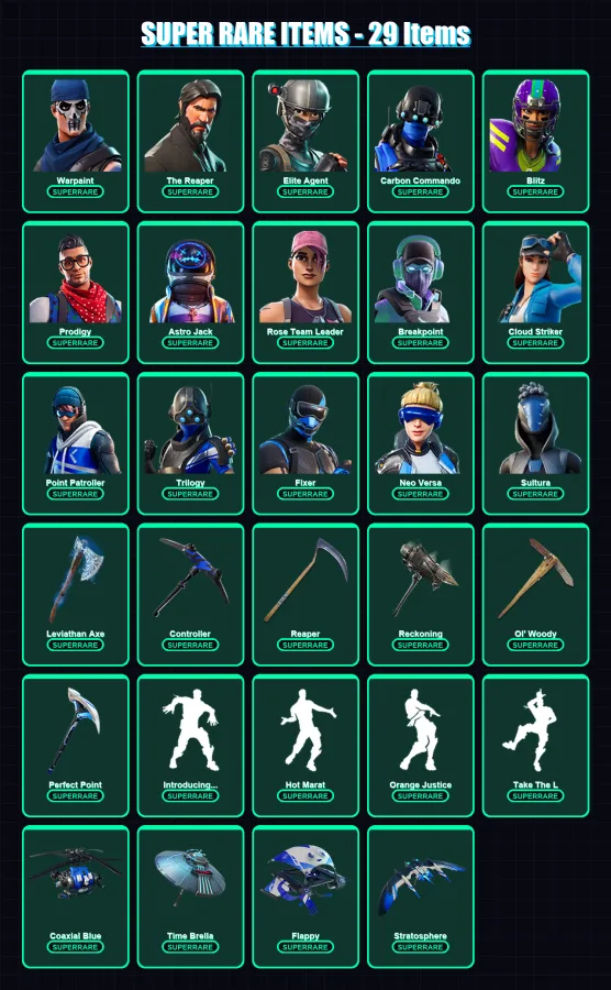 [PS4/PS5/XBOX/PC] | Warpaint | The Reaper | Elite Agent | Carbon Commando | Blitz | 212 skin | 172 pickaxe | 137 emote | 149 glider | Lv1909