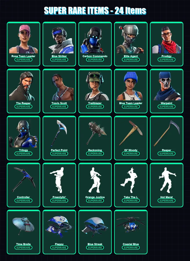 [PC/XBOX] | Rose Team Leader | Blue Striker | Carbon Commando | Elite Agent | Prodigy | 113 skin | 133 pickaxe | 132 emote | 140 glider | Lv1970 — Fortnite account