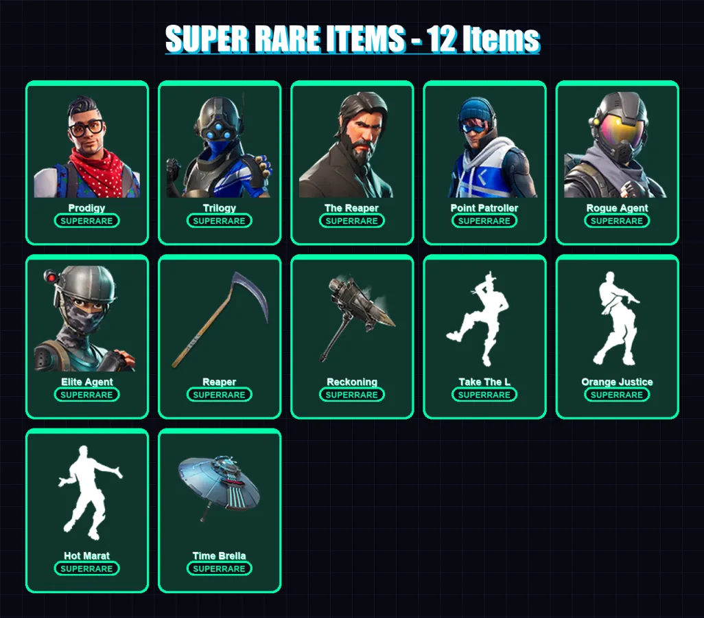 [PS4/PS5/PC] | Prodigy | Trilogy | The Reaper | Point Patroller | Rogue Agent | 137 skin | 98 pickaxe | 100 emote | 81 glider | Lv1219