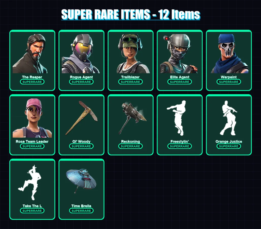 [PC] | The Reaper | Rogue Agent | Trailblazer | Elite Agent | Warpaint | 102 skin | 103 pickaxe | 90 emote | 91 glider | Lv1178
