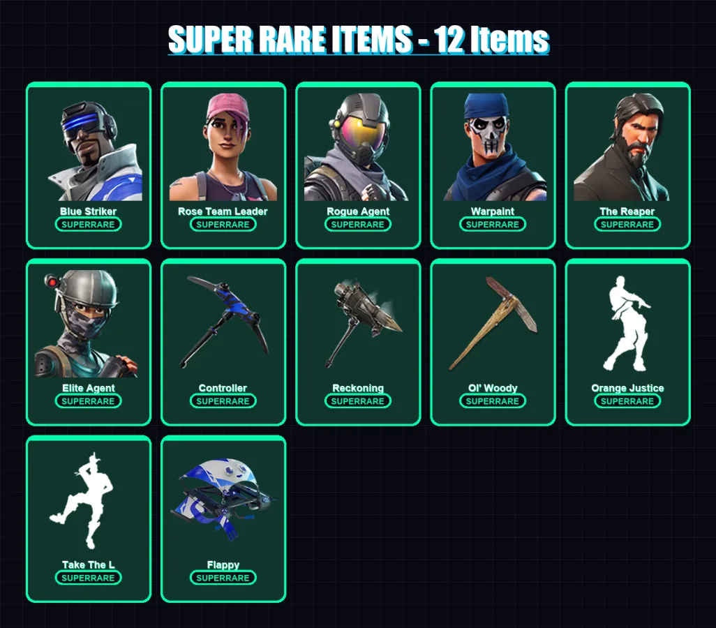[PS4/PS5/XBOX/PC] | Blue Striker | Rose Team Leader | Rogue Agent | Warpaint | The Reaper | 57 skin | 38 pickaxe | 111 emote | 44 glider | Lv495