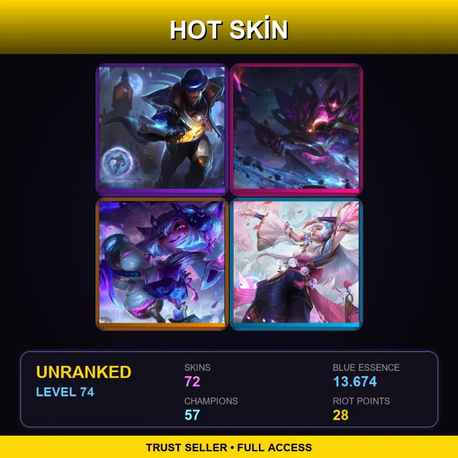 SG | Lv74 | Unranked | 72 Skin | 57 Champ — LoL account