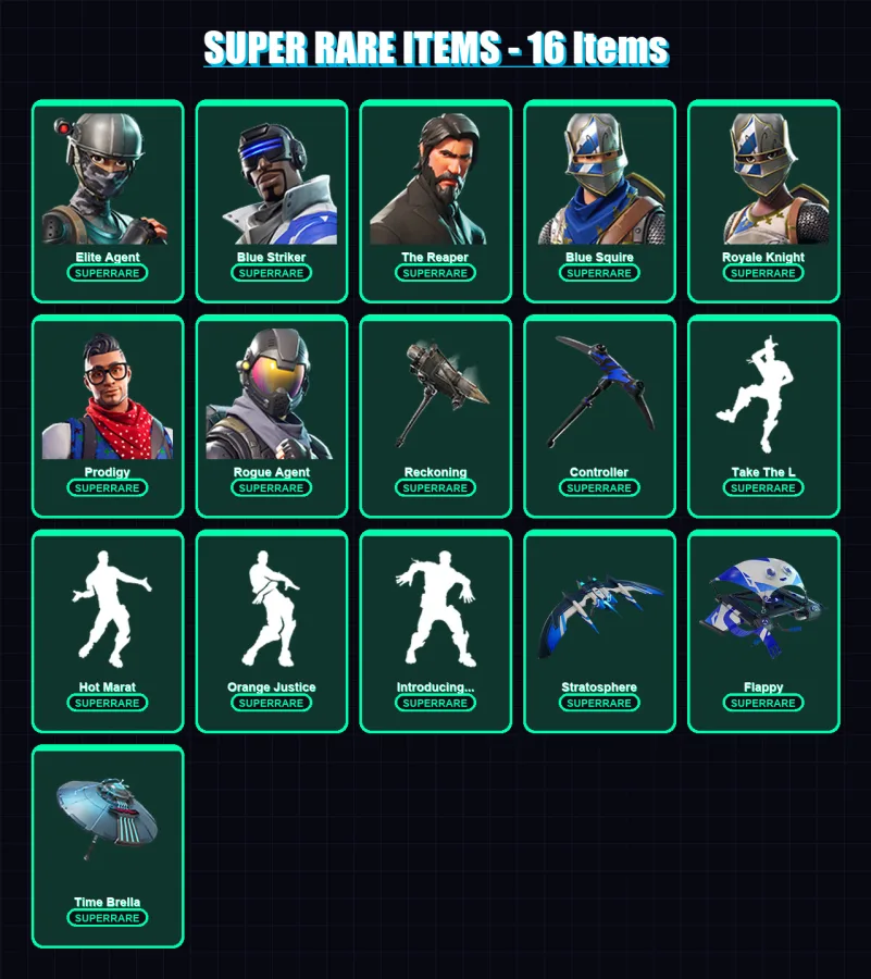 [PS4/PS5/XBOX/PC] | Elite Agent | Blue Striker | The Reaper | Blue Squire | Royale Knight | 69 skin | 89 pickaxe | 115 emote | 101 glider | Lv1937