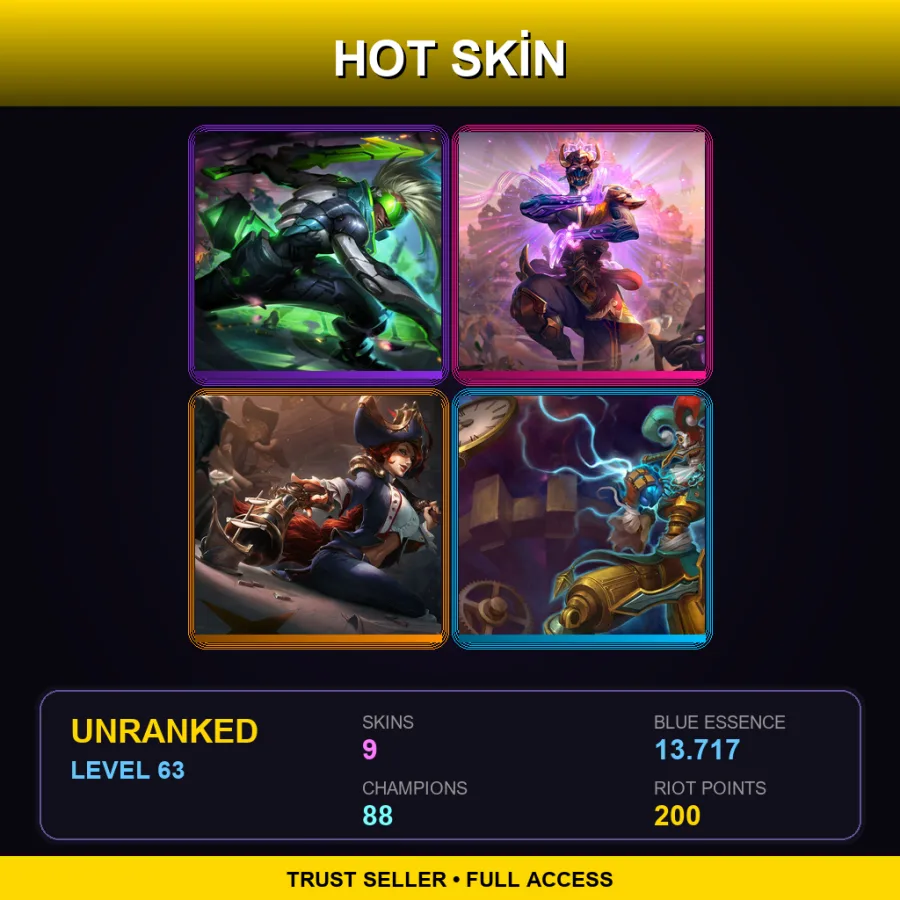 NA | Lv63 | Unranked | 9 Skin | 88 Champ