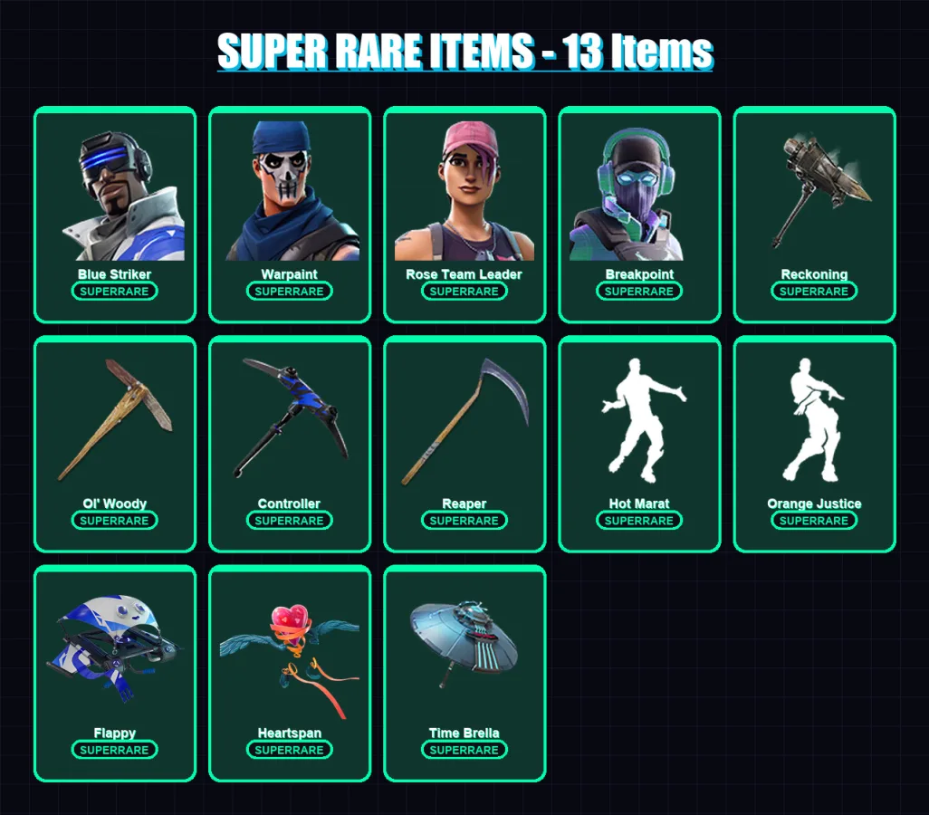 [PS4/PS5/XBOX/PC] | Blue Striker | Warpaint | Rose Team Leader | Breakpoint | Blackheart | 59 skin | 53 pickaxe | 60 emote | 65 glider | Lv955
