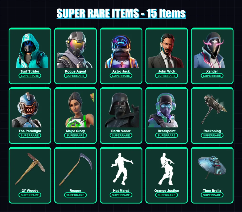 [PC/XBOX/PSN] | Surf Strider | Rogue Agent | Astro Jack | John Wick | Xander | 630 skin | 568 pickaxe | 516 emote | 389 glider | Lv7221