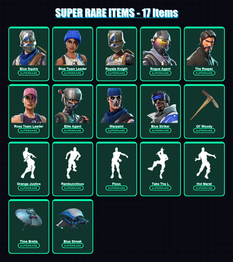 [PS4/PS5/XBOX/PC] | Blue Squire | Blue Team Leader | Royale Knight | Rogue Agent | The Reaper | 61 skin | 87 pickaxe | 95 emote | 100 glider | Lv167