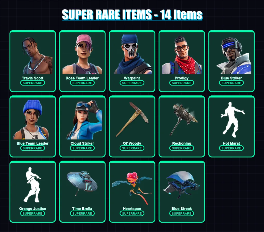 [PS4/PS5/XBOX/PC] | Travis Scott | Rose Team Leader | Warpaint | Prodigy | Blue Striker | 107 skin | 145 pickaxe | 138 emote | 128 glider | Lv2103 — Fortnite account