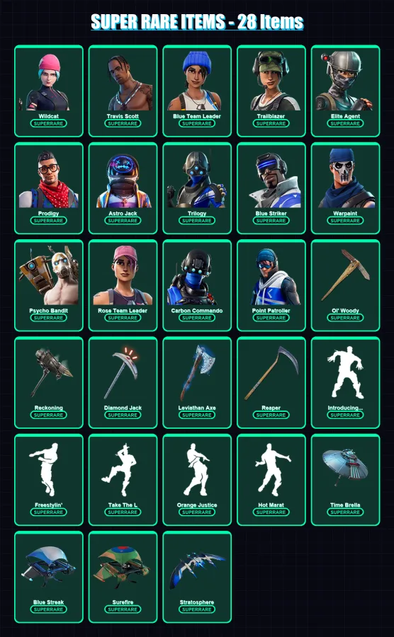[PC] | Wildcat | Travis Scott | Blue Team Leader | Trailblazer | Elite Agent | 269 skin | 203 pickaxe | 140 emote | 142 glider | Lv2041