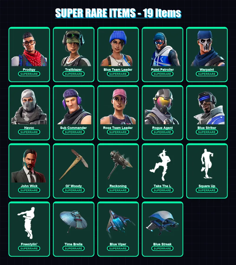 [PC/XBOX] | Prodigy | Trailblazer | Blue Team Leader | Point Patroller | Warpaint | 49 skin | 53 pickaxe | 59 emote | 64 glider | Lv874 — Fortnite account