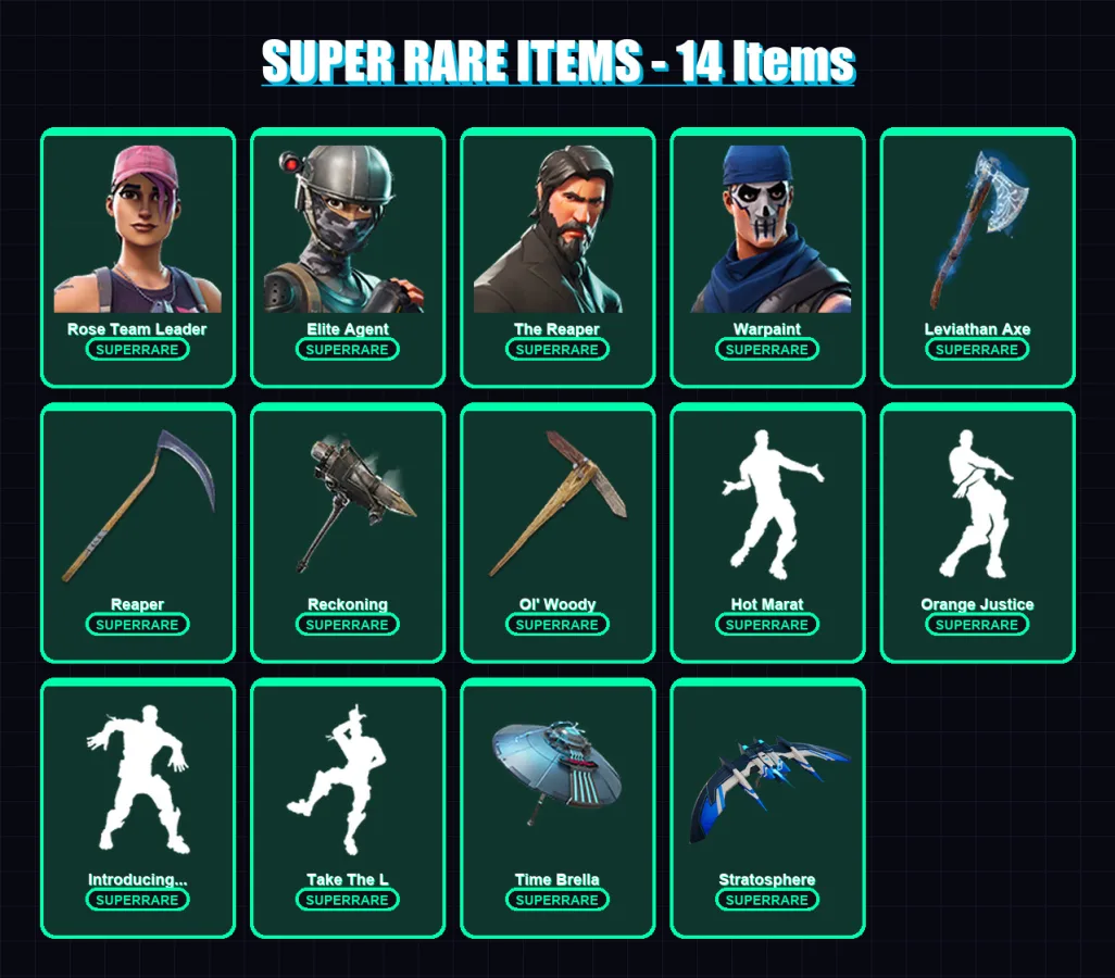 [PS4/PS5/XBOX/PC] | Rose Team Leader | Elite Agent | The Reaper | Warpaint | The Visitor | 94 skin | 113 pickaxe | 114 emote | 99 glider | Lv1405