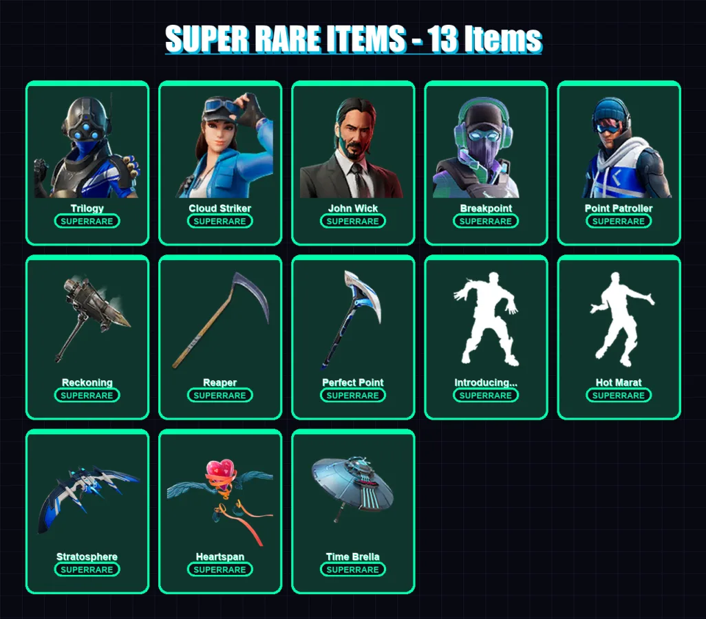 [PC/XBOX] | Trilogy | Cloud Striker | John Wick | Breakpoint | Point Patroller | 121 skin | 142 pickaxe | 151 emote | 113 glider | Lv1764