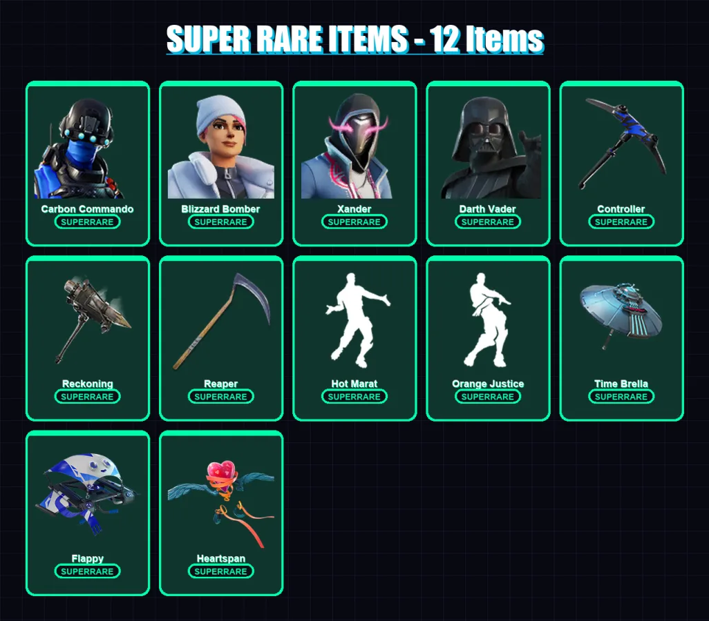 [PS4/PS5/XBOX/PC] | Carbon Commando | Blizzard Bomber | Xander | Darth Vader | Fusion | 100 skin | 123 pickaxe | 126 emote | 119 glider | Lv2049