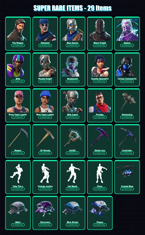 [PC/XBOX/PSN] | The Reaper | Warpaint | Blue Squire | Black Knight | Galaxy | 95 skin | 54 pickaxe | 67 emote | 53 glider | Lv690