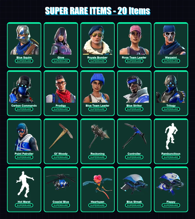[PC/XBOX/PSN] | Blue Squire | Glow | Royale Bomber | Aura Analyzer | P.K.E. Ranger | 136 skin | 105 pickaxe | 119 emote | 78 glider | Lv994