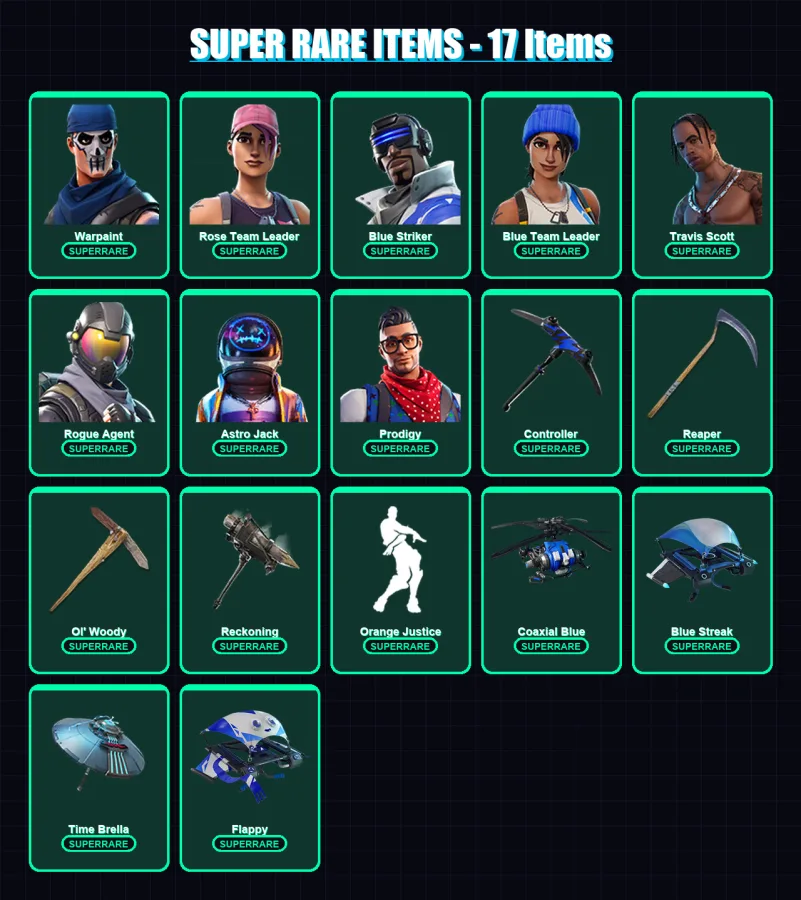 [PS4/PS5/XBOX/PC] | Warpaint | Rose Team Leader | Blue Striker | Blue Team Leader | Travis Scott | 86 skin | 44 pickaxe | 62 emote | 47 glider | Lv6