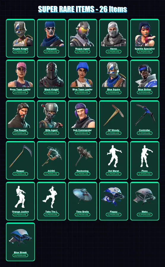 [PC/XBOX] | Royale Knight | Warpaint | Rogue Agent | Havoc | Sparkle Specialist | 74 skin | 67 pickaxe | 69 emote | 61 glider | Lv833