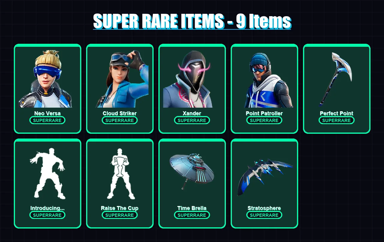 [PS4/PS5/XBOX/PC] | Neo Versa | Cloud Striker | Xander | Point Patroller | Gear Specialist Maya | 50 skin | 70 pickaxe | 47 emote | 56 glider | Lv91