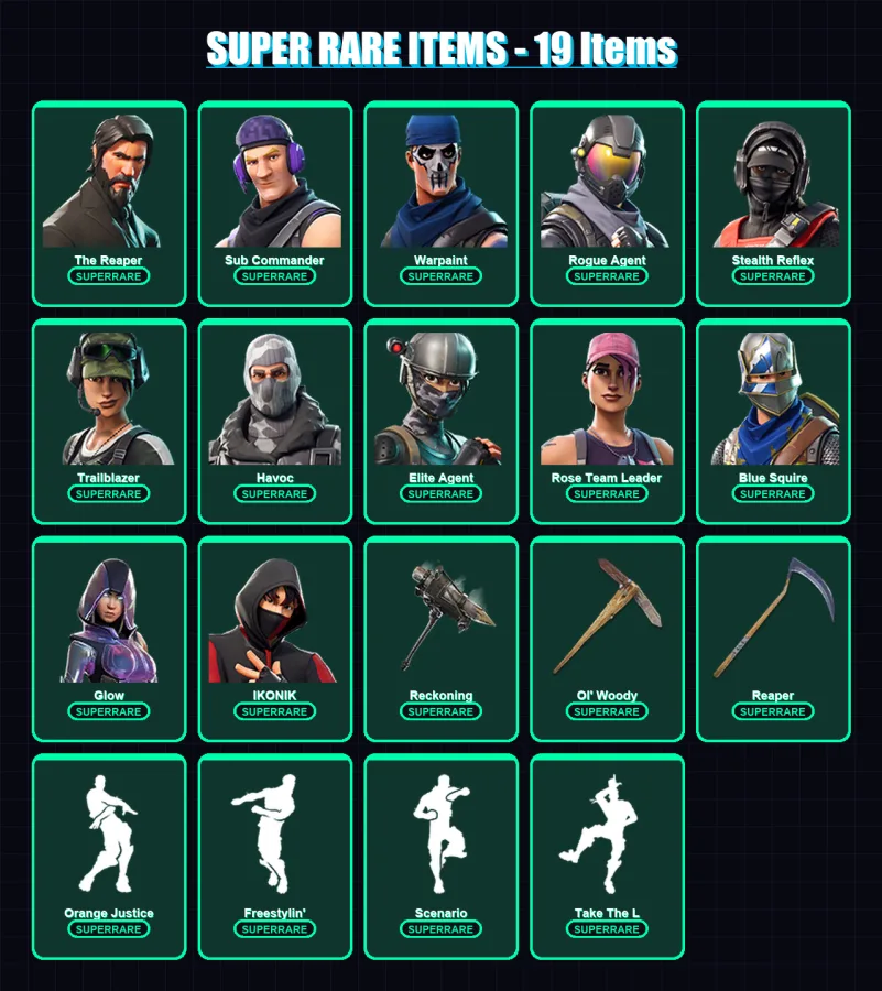 [PC/PSN] | The Reaper | Sub Commander | Warpaint | Rogue Agent | Stealth Reflex | 183 skin | 97 pickaxe | 122 emote | 87 glider | Lv1023