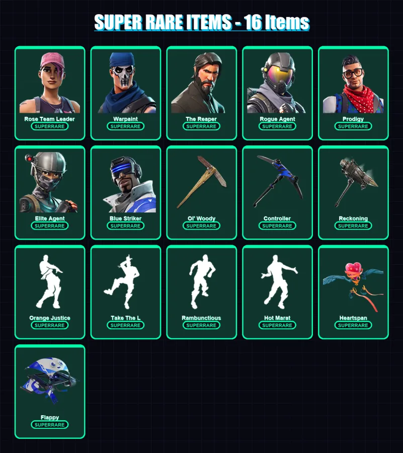 [PC/XBOX/PSN] | Rose Team Leader | Warpaint | The Reaper | Rogue Agent | Prodigy | 54 skin | 43 pickaxe | 66 emote | 51 glider | Lv825