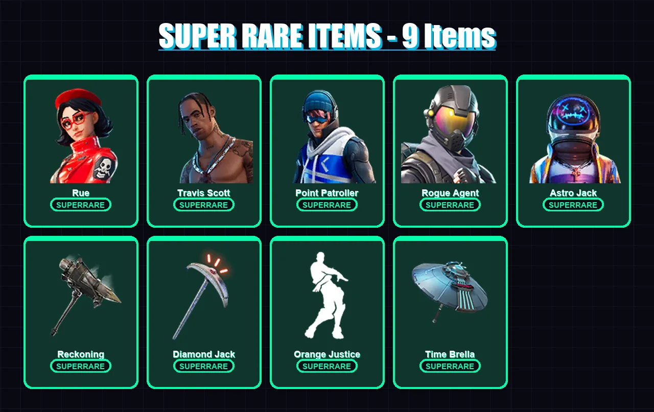 [PS4/PS5/XBOX/PC] | Rue | Travis Scott | Point Patroller | Rogue Agent | Astro Jack | 168 skin | 141 pickaxe | 109 emote | 109 glider | Lv1388