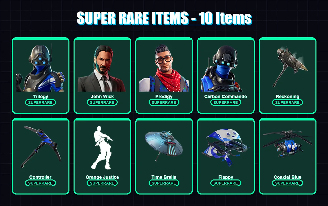 [PS4/PS5/XBOX/PC] | Trilogy | John Wick | Prodigy | Carbon Commando | Zenith | 146 skin | 172 pickaxe | 131 emote | 159 glider | Lv2104
