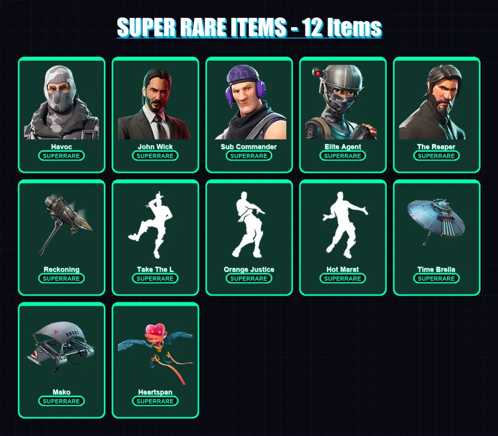 [PC] | Havoc | John Wick | Sub Commander | Elite Agent | The Reaper | 63 skin | 58 pickaxe | 68 emote | 68 glider | Lv1126