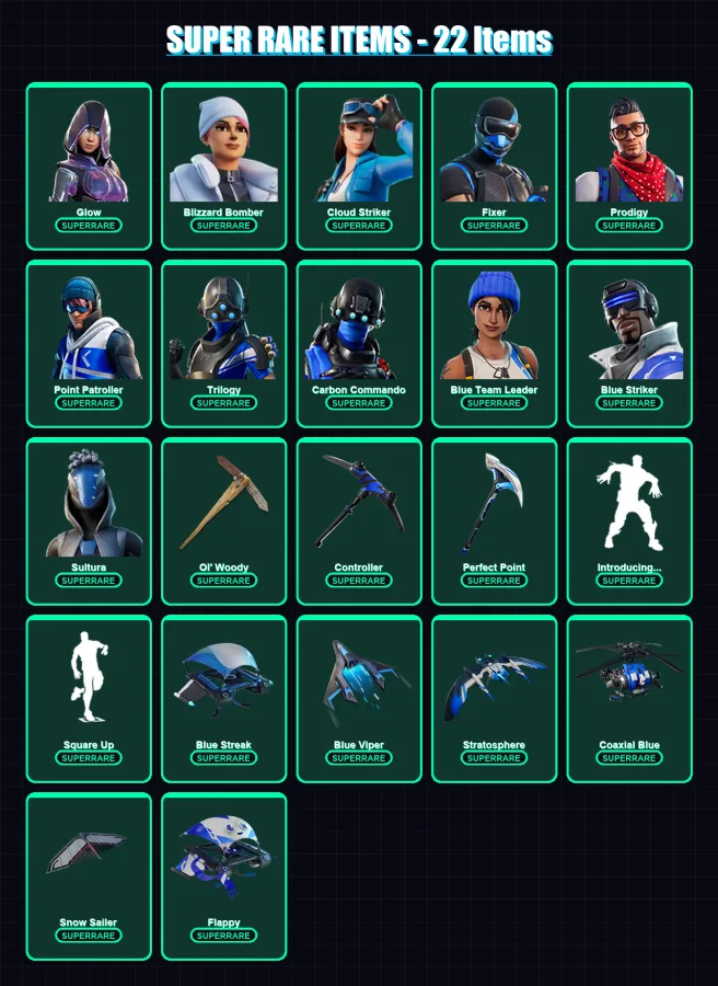 [PC] | Glow | Blizzard Bomber | Cloud Striker | Fixer | Prodigy | 21 skin | 30 pickaxe | 18 emote | 27 glider | Lv265
