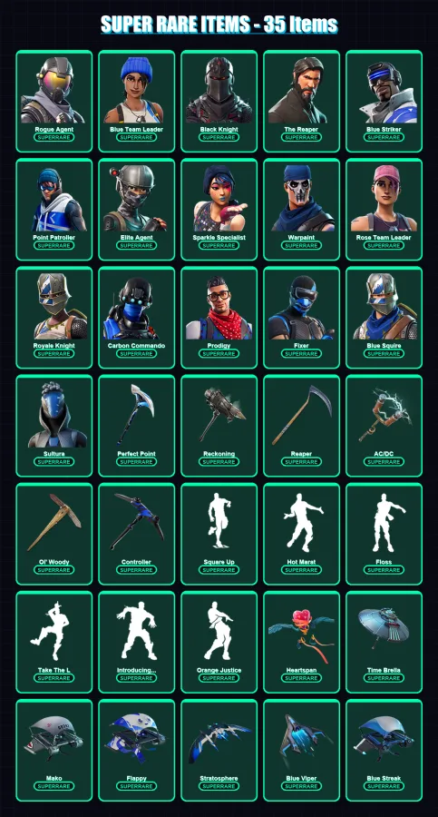 [PC/XBOX] | Rogue Agent | Blue Team Leader | Black Knight | The Reaper | Blue Striker | 123 skin | 95 pickaxe | 110 emote | 104 glider | Lv1104