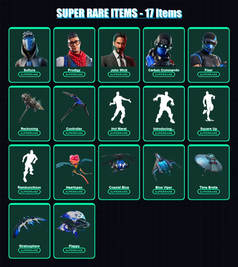 [PS4/PS5/XBOX/PC] | Sultura | Prodigy | John Wick | Carbon Commando | Fixer | 103 skin | 133 pickaxe | 135 emote | 129 glider | Lv2056