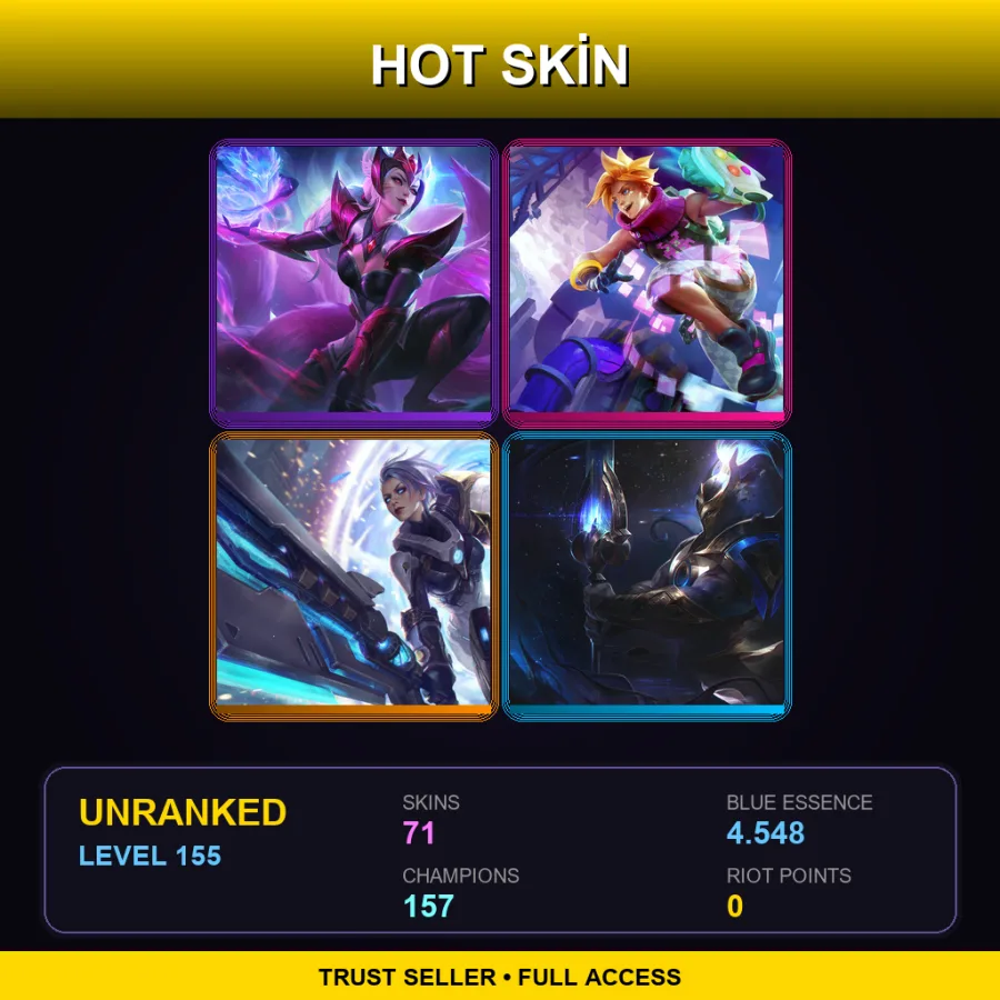 VN | Challenger Ahri | Arcade Ezreal | Pulsefire Riven | Cosmic Defender Xin Zhao | 71 Skin | 157 Champ | Lv155