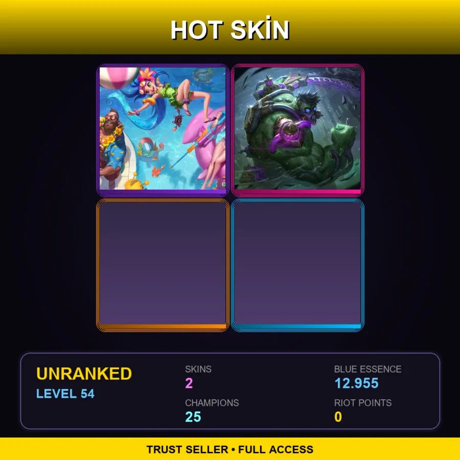 LAN | Lv54 | Unranked | 2 Skin | 25 Champ — Pool Party Zoe
