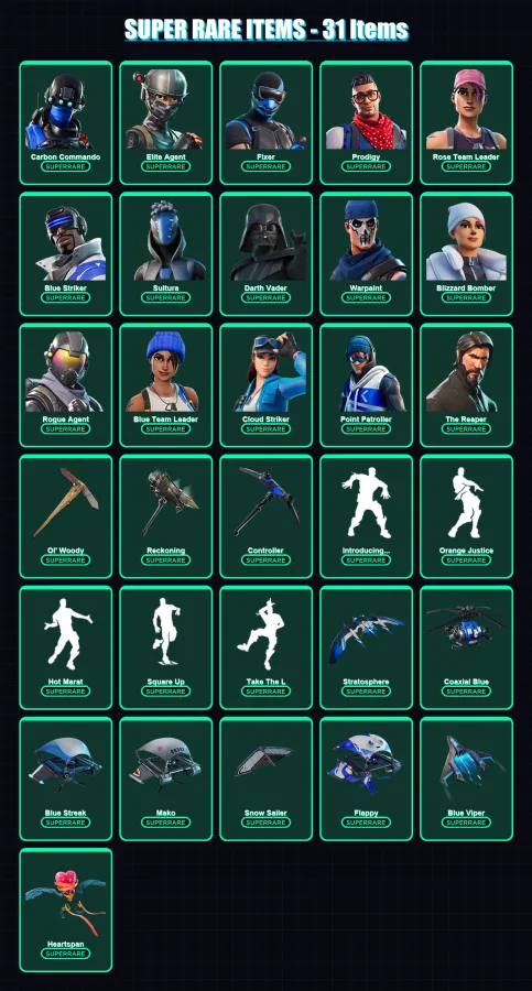 [PC/XBOX] | Carbon Commando | Elite Agent | Fixer | Prodigy | Rose Team Leader | 160 skin | 138 pickaxe | 162 emote | 146 glider | Lv1610