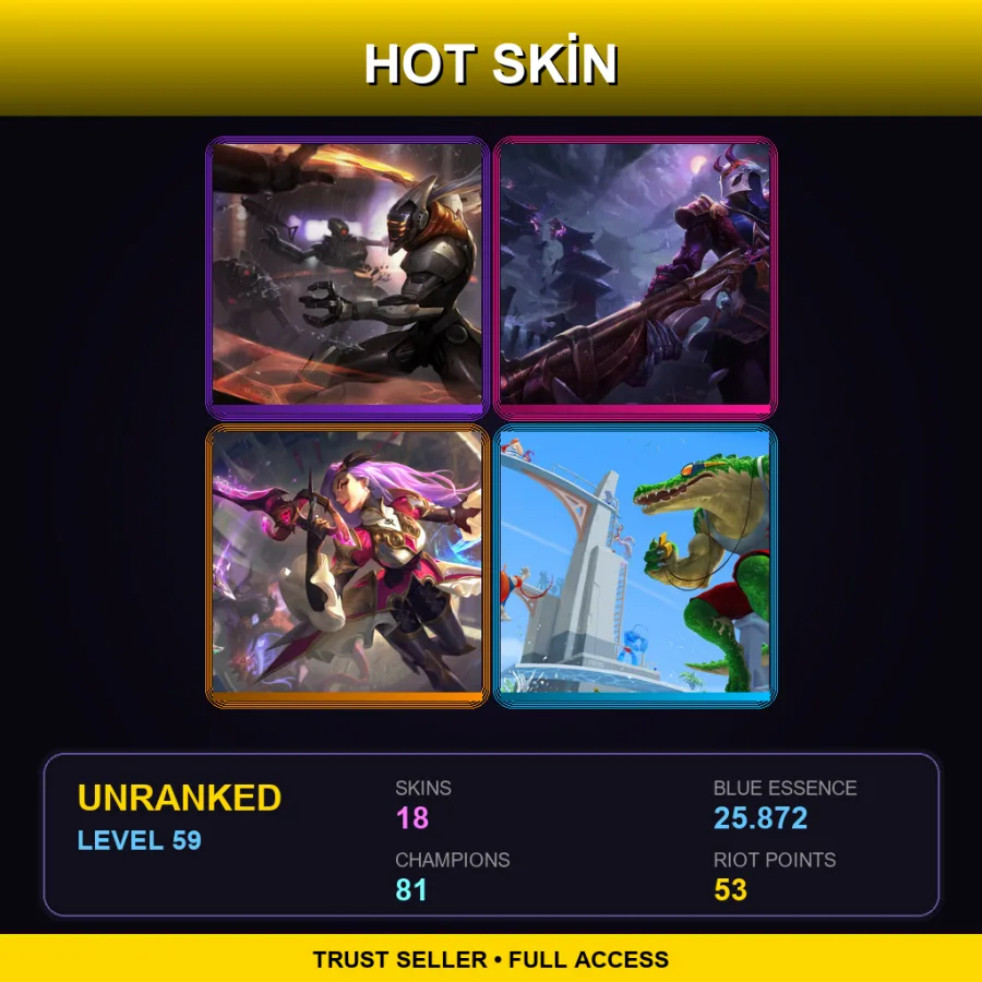 EUW | PROJECT: Yi | Blood Moon Jhin | Battle Queen Katarina | Pool Party Renekton | 18 Skin | 81 Champ | Lv59