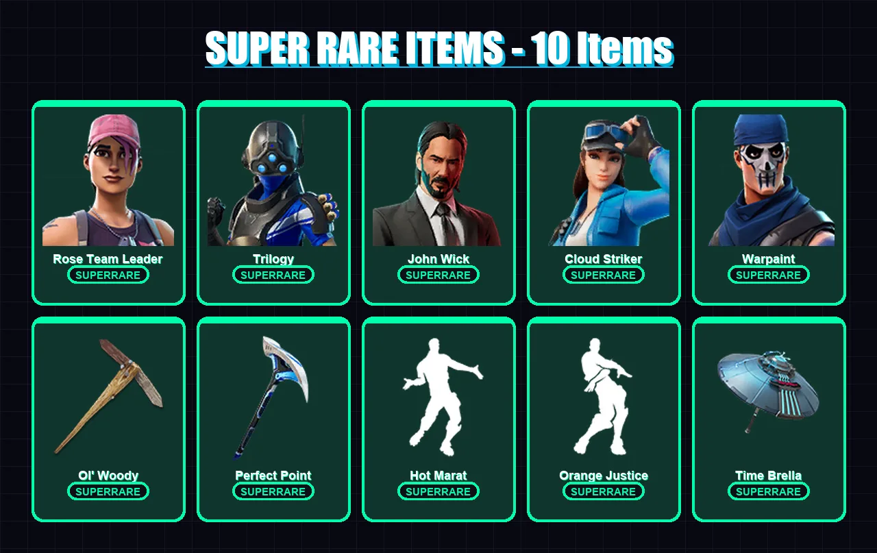 [PS4/PS5/XBOX/PC] | Rose Team Leader | Trilogy | John Wick | Cloud Striker | Warpaint | 106 skin | 134 pickaxe | 128 emote | 122 glider | Lv2557