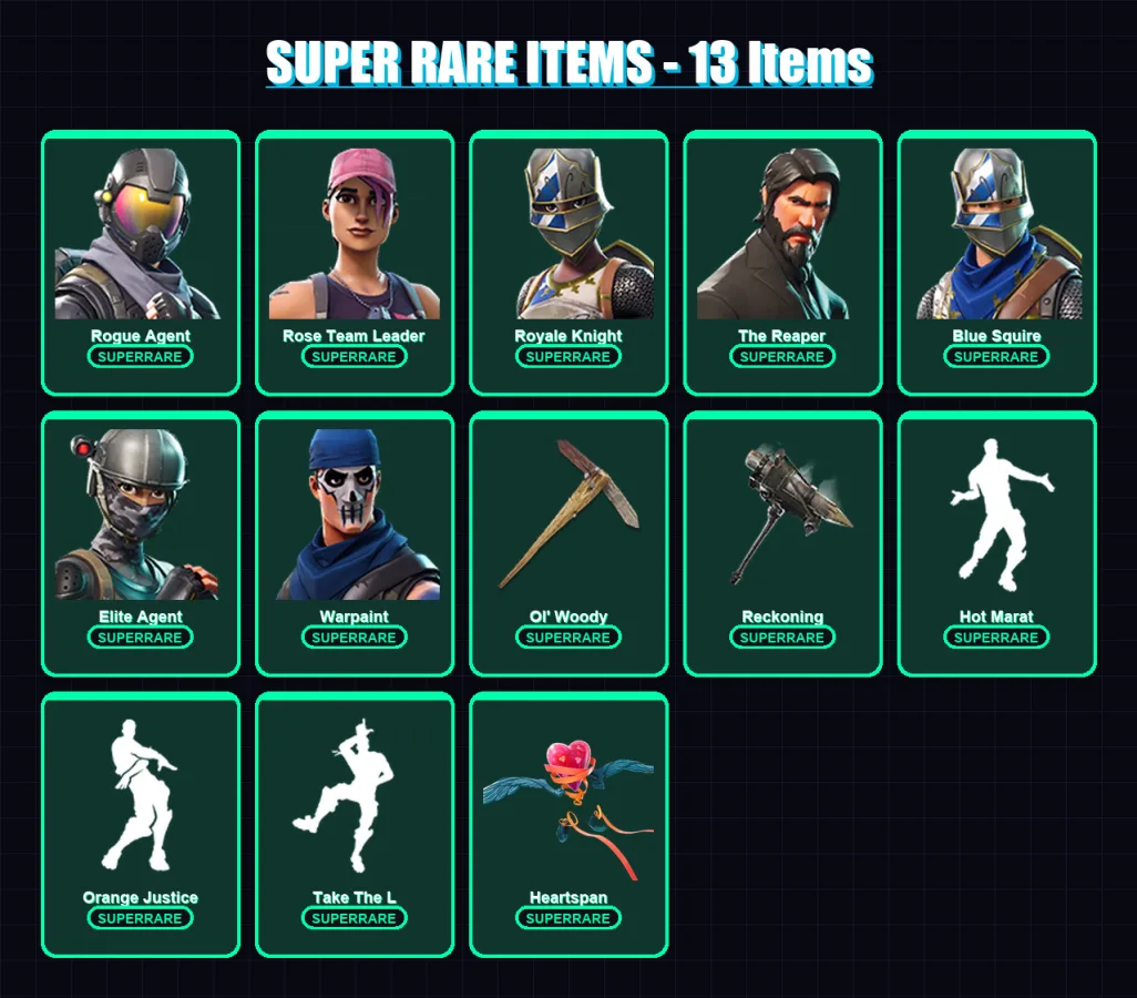 [PC/PSN] | Rogue Agent | Rose Team Leader | Royale Knight | The Reaper | Blue Squire | 101 skin | 97 pickaxe | 127 emote | 100 glider | Lv1326