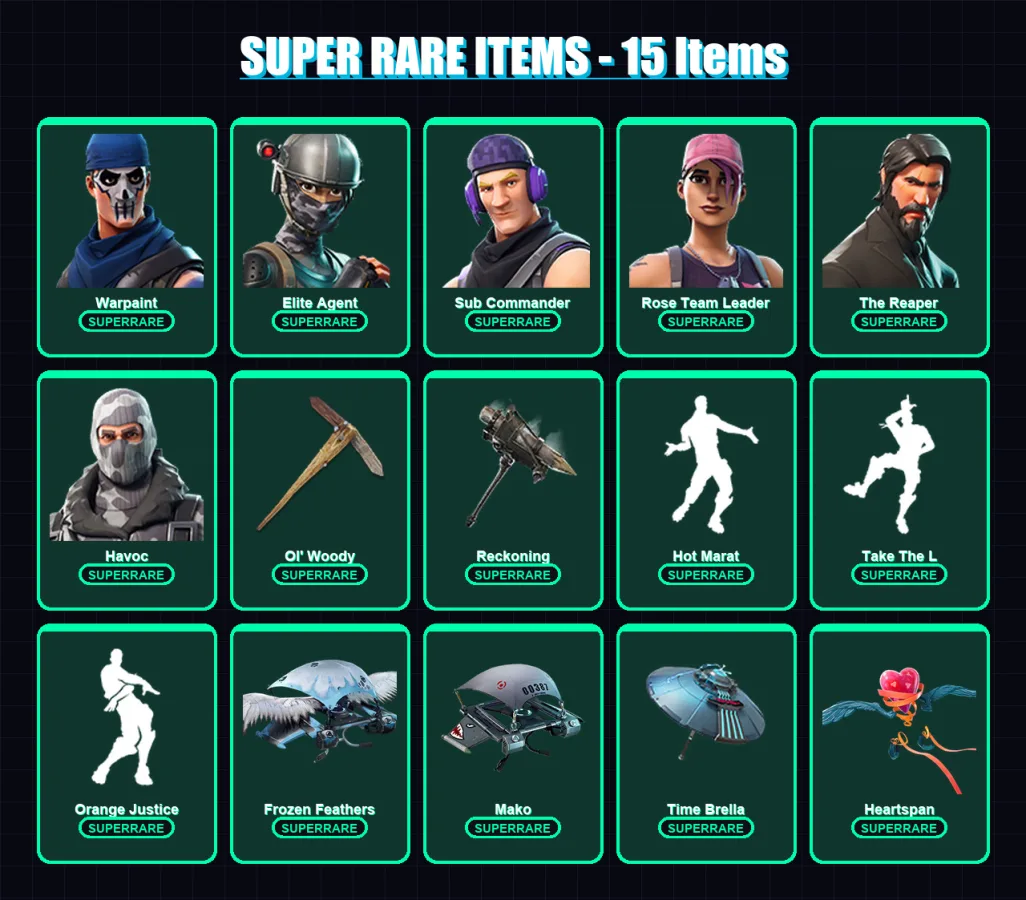 [PC/XBOX] | Warpaint | Elite Agent | Sub Commander | Rose Team Leader | The Reaper | 28 skin | 39 pickaxe | 35 emote | 45 glider | Lv683